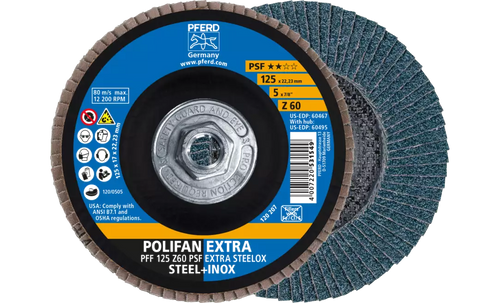 Pferd 60495 Polifan Flap Disc | 5/8-11" Arbor Hole | 5" Diameter | Zirconia Alumina 60 Grit | Type 27 | Sold by Box of 10