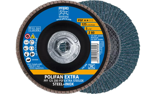 Pferd 60496 Polifan Flap Disc | 5/8-11" Arbor Hole | 5" Diameter | Zirconia Alumina 80 Grit | Type 27 | Sold by Box of 10