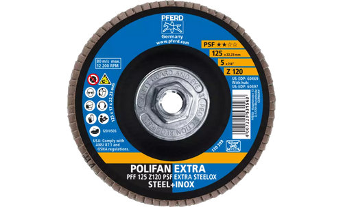 PFERD 60497 Polifan Flap Disc | 5/8-11" Arbor Hole | 5" Diameter | Zirconia Alumina 120 Grit | Type 27 | Sold by Box of 10 PFERD 60497 Polifan Flap Disc | 5/8-11" Arbor Hole | 5" Diameter | Zirconia Alumina 120 Grit | Type 27 | Sold by Box of 10