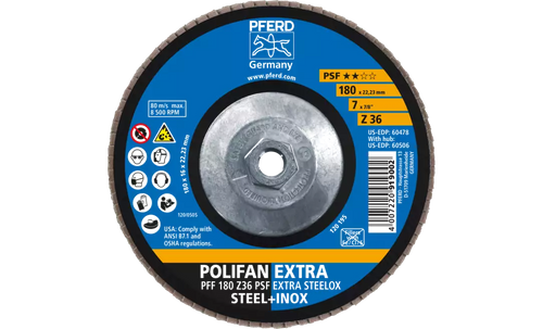 PFERD 60506 Polifan Flap Disc | 5/8-11" Arbor Hole | 7" Diameter | Zirconia Alumina 36 Grit | Type 27 | Sold by Box of 10 PFERD 60506 Polifan Flap Disc | 5/8-11" Arbor Hole | 7" Diameter | Zirconia Alumina 36 Grit | Type 27 | Sold by Box of 10