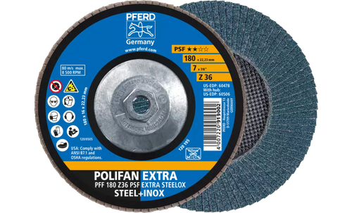 PFERD 60506 Polifan Flap Disc | 5/8-11" Arbor Hole | 7" Diameter | Zirconia Alumina 36 Grit | Type 27 | Sold by Box of 10