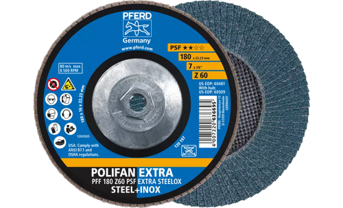 Pferd 60509 Polifan Flap Disc | 5/8-11" Arbor Hole | 7" Diameter | Zirconia Alumina 60 Grit | Type 27 | Sold by Box of 10