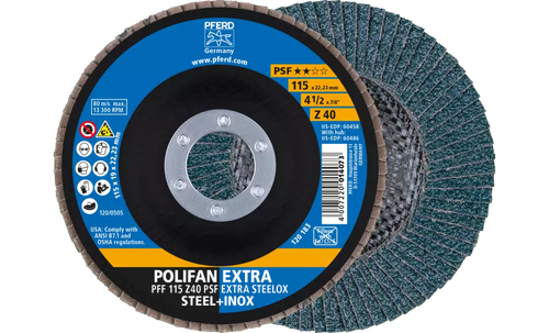 Pferd 60458 Polifan Flap Disc | 7/8" Arbor Hole | 4-1/2" Diameter | Zirconia Alumina 40 Grit | Type 27 | Sold by Box of 10