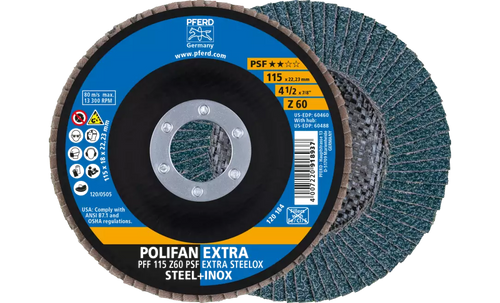 Pferd 60460 Polifan Flap Disc | 7/8" Arbor Hole | 4-1/2" Diameter | Zirconia Alumina 60 Grit | Type 27 | Sold by Box of 10