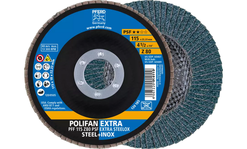 Pferd 60461 Polifan Flap Disc | 7/8" Arbor Hole | 4-1/2" Diameter | Zirconia Alumina 80 Grit | Type 27 | Sold by Box of 10