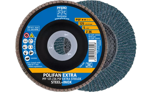 Pferd 60464 Polifan Flap Disc | 7/8" Arbor Hole | 5" Diameter | Zirconia Alumina 36 Grit | Type 27 | Sold by Box of 10