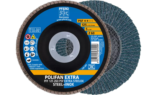 Pferd 60467 Polifan Flap Disc | 7/8" Arbor Hole | 5" Diameter | Zirconia Alumina 60 Grit | Type 27 | Sold by Box of 10