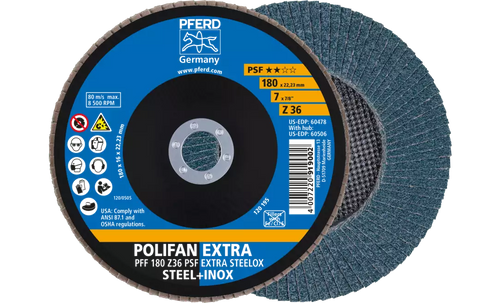 PFERD 60478 Polifan Flap Disc | 7/8" Arbor Hole | 7" Diameter | Zirconia Alumina 36 Grit | Type 27 | Sold by Box of 10 PFERD 60478 Polifan Flap Disc | 7/8" Arbor Hole | 7" Diameter | Zirconia Alumina 36 Grit | Type 27 | Sold by Box of 10