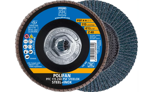 Pferd 62071 Polifan Flap Disc | 5/8-11" Arbor Hole | 4-1/2" Diameter | Zirconia Alumina 40 Grit | Type 29 | Sold by Box of 10