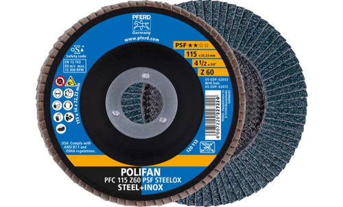 PFERD 62053 Polifan Flap Disc | 7/8" Arbor Hole | 4-1/2" Diameter | Zirconia alumina 60 Grit | Conical | Sold by Box of 10 PFERD 62053 Polifan Flap Disc | 7/8" Arbor Hole | 4-1/2" Diameter | Zirconia alumina 60 Grit | Conical | Sold by Box of 10