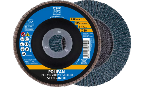 PFERD 62054 Polifan Flap Disc | 7/8" Arbor Hole | 4-1/2" Diameter | Zirconia Alumina 80 Grit | Type 29 | Sold by Box of 10
