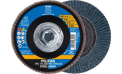 PFERD 62073 Polifan Flap Disc | 5/8-11" Arbor Hole | 4-1/2" Diameter | Zirconia Alumina 80 Grit | Conical | Sold by Box of 10 PFERD 62073 Polifan Flap Disc | 5/8-11" Arbor Hole | 4-1/2" Diameter | Zirconia Alumina 80 Grit | Conical | Sold by Box of 10