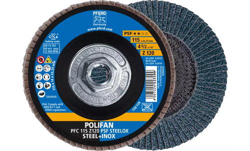 Pferd 62074 Polifan Flap Disc | 5/8-11" Arbor Hole | 4-1/2" Diameter | Zirconia Alumina 120 Grit | Type 29 | Sold by Box of 10