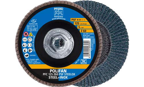 Pferd 63036 Polifan Flap Disc | 5/8-11" Arbor Hole | 5" Diameter | Zirconia Alumina 60 Grit | Type 29 | Sold by Box of 10