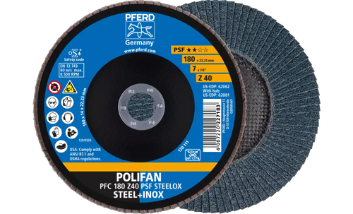PFERD 62062 Polifan Flap Disc | 7/8" Arbor Hole | 7" Diameter | Zirconia Alumina 40 Grit | Conical | Sold by Box of 10