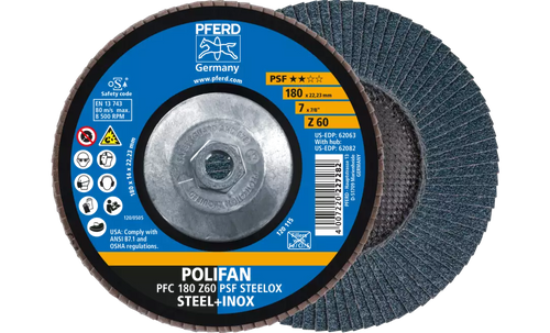 Pferd 62082 Polifan Flap Disc | 5/8-11" Arbor Hole | 7" Diameter | Zirconia Alumina 60 Grit | Type 29 | Sold by Box of 10