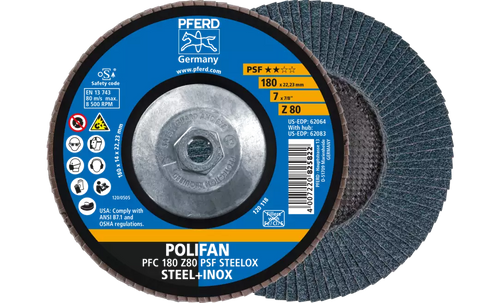 Pferd 62083 Polifan Flap Disc | 5/8-11" Arbor Hole | 7" Diameter | Zirconia Alumina 80 Grit | Type 29 | Sold by Box of 10