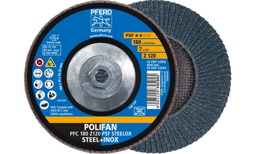 PFERD 62084 Polifan Flap Disc | 5/8-11" Arbor Hole | 7" Diameter | Zirconia Alumina 120 Grit | Conical | Sold by Box of 10 PFERD 62084 Polifan Flap Disc | 5/8-11" Arbor Hole | 7" Diameter | Zirconia Alumina 120 Grit | Conical | Sold by Box of 10