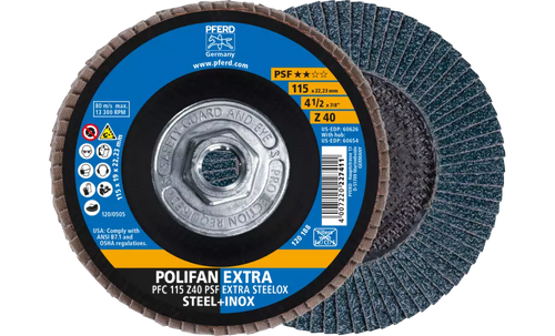 Pferd 60654 Polifan Flap Disc | 5/8-11" Arbor Hole | 4-1/2" Diameter | Zirconia Alumina 40 Grit | Type 29 | Sold by Box of 10