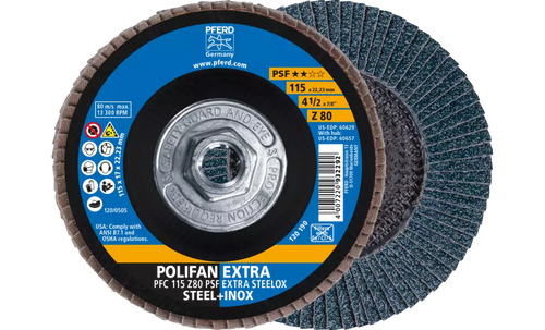 Pferd 60657 Polifan Flap Disc | 5/8-11" Arbor Hole | 4-1/2" Diameter | Zirconia Alumina 80 Grit | Type 29 | Sold by Box of 10