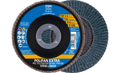 Pferd 60630 Polifan Flap Disc | 7/8" Arbor Hole | 4-1/2" Diameter | Zirconia Alumina 120 Grit | Type 29 | Sold by Box of 10
