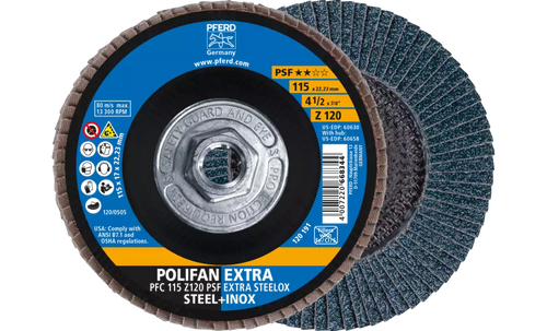 Pferd 60658 Polifan Flap Disc | 5/8-11" Arbor Hole | 4-1/2" Diameter | Zirconia Alumina 120 Grit | Type 29 | Sold by Box of 10