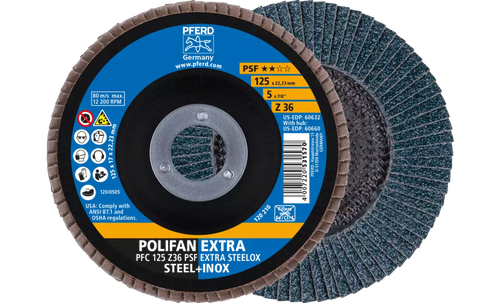 Pferd 60632 Polifan Flap Disc | 7/8" Arbor Hole | 5" Diameter | Zirconia Alumina 36 Grit | Type 29 | Sold by Box of 10