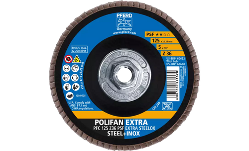 Pferd 60660 Polifan Flap Disc | 5/8-11" Arbor Hole | 5" Diameter | Zirconia Alumina 36 Grit | Type 29 | Sold by Box of 10