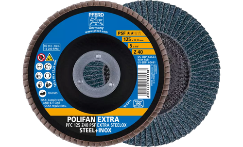 Pferd 60633 Polifan Flap Disc | 7/8" Arbor Hole | 5" Diameter | Zirconia Alumina 40 Grit | Type 29 | Sold by Box of 10