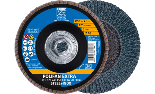 Pferd 60661 Polifan Flap Disc | 5/8-11" Arbor Hole | 5" Diameter | Zirconia Alumina 40 Grit | Type 29 | Sold by Box of 10