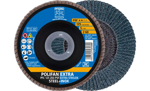 Pferd 60635 Polifan Flap Disc | 7/8" Arbor Hole | 5" Diameter | Zirconia Alumina 60 Grit | Type 29 | Sold by Box of 10