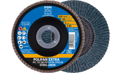 Pferd 60636 Polifan Flap Disc | 7/8" Arbor Hole | 5" Diameter | Zirconia Alumina 80 Grit | Type 29 | Sold by Box of 10