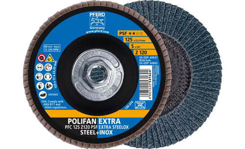 Pferd 60665 Polifan Flap Disc | 5/8-11" Arbor Hole | 5" Diameter | Zirconia Alumina 120 Grit | Type 29 | Sold by Box of 10