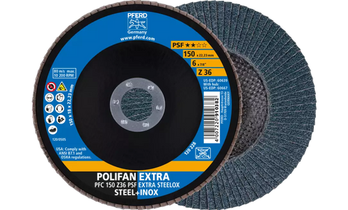 Pferd 60639 Polifan Flap Disc | 7/8" Arbor Hole | 6" Diameter | Zirconia Alumina 36 Grit | Type 29 | Sold by Box of 10