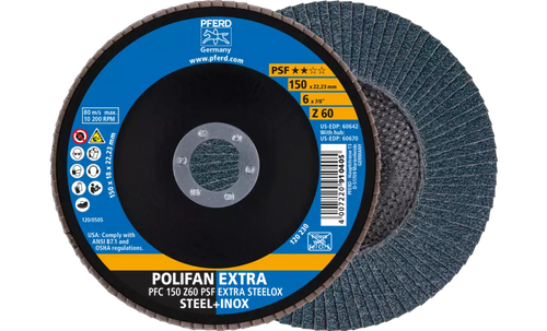 PFERD 60642 Polifan Flap Disc | 7/8" Arbor Hole | 6" Diameter | Zirconia Alumina 60 Grit | Type 29 | Sold by Box of 10 PFERD 60642 Polifan Flap Disc | 7/8" Arbor Hole | 6" Diameter | Zirconia Alumina 60 Grit | Type 29 | Sold by Box of 10