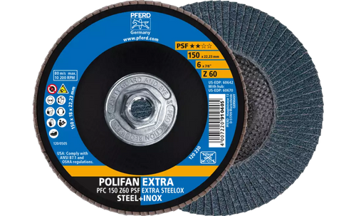 Pferd 60670 Polifan Flap Disc | 5/8-11" Arbor Hole | 6" Diameter | Zirconia Alumina 60 Grit | Type 29 | Sold by Box of 10