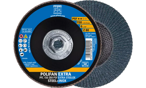 PFERD 60671 Polifan Flap Disc | 5/8-11" Arbor Hole | 6" Diameter | Zirconia Alumina 80 Grit | Type 29 | Sold by Box of 10 PFERD 60671 Polifan Flap Disc | 5/8-11" Arbor Hole | 6" Diameter | Zirconia Alumina 80 Grit | Type 29 | Sold by Box of 10