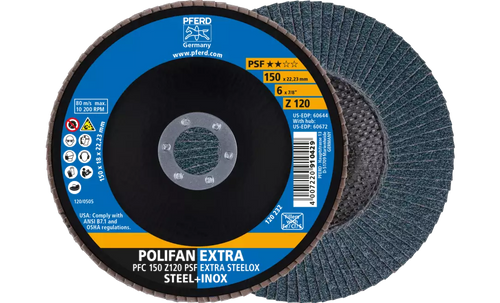 Pferd 60644 Polifan Flap Disc | 7/8" Arbor Hole | 6" Diameter | Zirconia Alumina 120 Grit | Type 29 | Sold by Box of 10