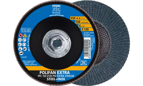 Pferd 60672 Polifan Flap Disc | 5/8-11" Arbor Hole | 6" Diameter | Zirconia Alumina 120 Grit | Type 29 | Sold by Box of 10