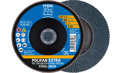 Pferd 60649 Polifan Flap Disc | 7/8" Arbor Hole | 7" Diameter | Zirconia Alumina 60 Grit | Type 29 | Sold by Box of 10