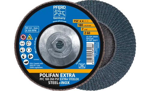 PFERD 60677 Polifan Flap Disc | 5/8-11" Arbor Hole | 7" Diameter | Zirconia Alumina 60 Grit | Type 29 | Sold by Box of 10 PFERD 60677 Polifan Flap Disc | 5/8-11" Arbor Hole | 7" Diameter | Zirconia Alumina 60 Grit | Type 29 | Sold by Box of 10