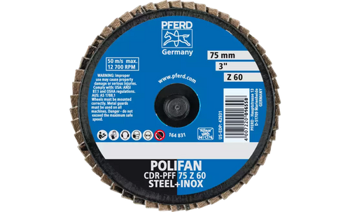 PFERD 42931 Mini Polifan Flap Disc | Arbor Hole | 3" Diameter | Zirconia Alumina 60 Grit | Type CD | Sold by Box of 10 PFERD 42931 Mini Polifan Flap Disc | Arbor Hole | 3" Diameter | Zirconia Alumina 60 Grit | Type CD | Sold by Box of 10