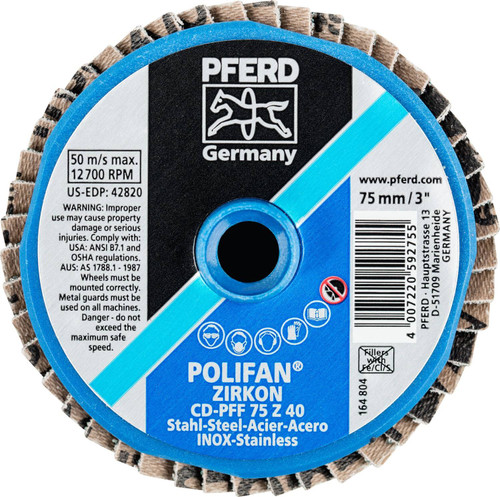 Pferd 42820 Mini Polifan Flap Disc | 3" Diameter | Zirconia Alumina 40 Grit | Type CD | Sold by Box of 10