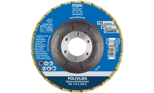 PFERD 43273 Polivlies Flap Disc | 7/8" Arbor Hole | 4-1/2" Diameter | Aluminum Oxide 100 Grit | Coarse Grade | Sold by Box of 5 PFERD 43273 Polivlies Flap Disc | 7/8" Arbor Hole | 4-1/2" Diameter | Aluminum Oxide 100 Grit | Coarse Grade | Sold by Box of 5
