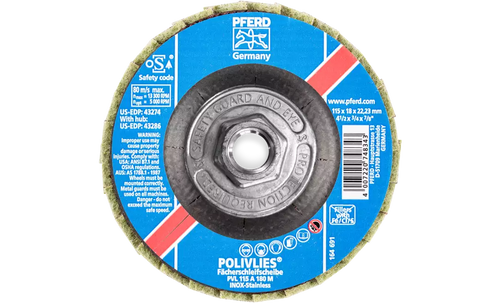 PFERD 43286 Polivlies Flap Disc | 5/8-11" Arbor Hole | 4-1/2" Diameter | Aluminum Oxide 180 Grit | Medium Grade | Sold by Box of 5 PFERD 43286 Polivlies Flap Disc | 5/8-11" Arbor Hole | 4-1/2" Diameter | Aluminum Oxide 180 Grit | Medium Grade | Sold by Box of 5