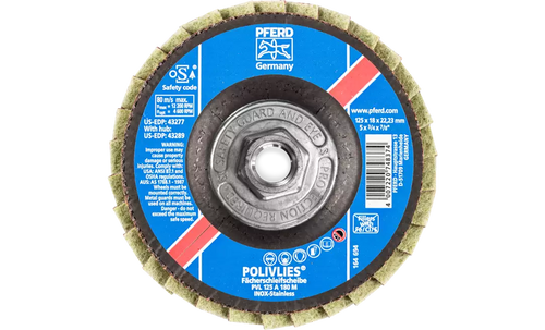 PFERD 43289 Polivlies Flap Disc | 5/8-11" Arbor Hole | 5" Diameter | Aluminum Oxide 180 Grit | Medium Grade | Sold by Box of 5 PFERD 43289 Polivlies Flap Disc | 5/8-11" Arbor Hole | 5" Diameter | Aluminum Oxide 180 Grit | Medium Grade | Sold by Box of 5