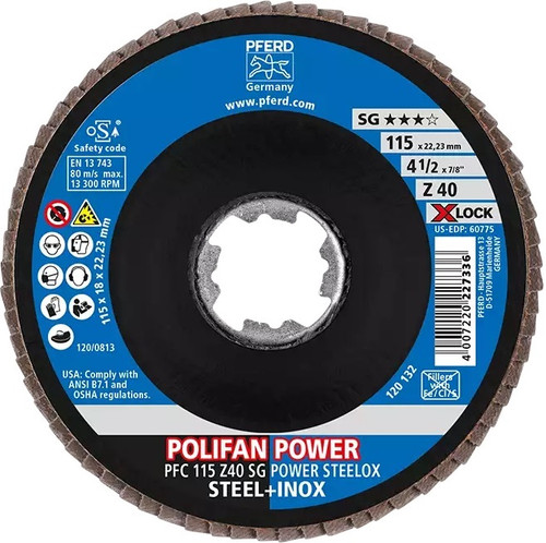 PFERD 62321 Polifan Flap Disc | 5/8-11" Arbor Hole | 4-1/2" Diameter | 13,300 RPM | 24 Grit Size | Sold by Box of 10 PFERD 62321 Polifan Flap Disc | 5/8-11" Arbor Hole | 4-1/2" Diameter | 13,300 RPM | 24 Grit Size | Sold by Box of 10