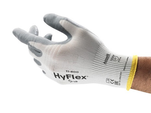 Ansell HyFlex 11-800-11 Light Duty Multi-Purpose Gloves | Nitrile Foam Coating | Knit-Wrist Cuff | White/Gray | 11 Size | Box of 12 Pairs