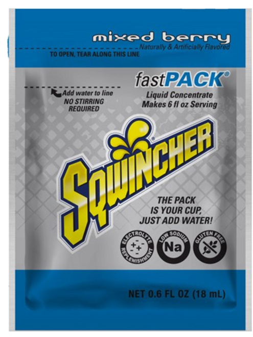 Sqwincher 159015300 Fast Pack Electrolyte Drink Mix | Mixed Berry | 6 Ounce Yield Unit | 0.6 Ounce Volume Capacity | Pack of 200