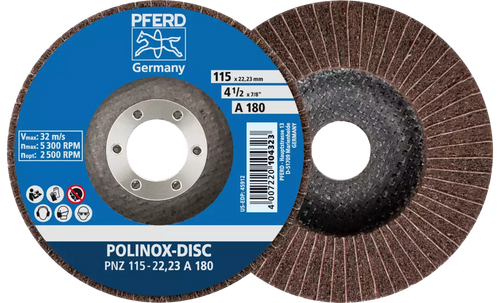 Pferd 45911 4-1/2" x 7/8" Non Woven Polinox Fibre Backing Disc | 5,300 Max. RPM | 3/4" Height | Aluminum Oxide 100 Grit | PNZ Type | Sold by Box of 5 Pferd 45911 4-1/2" x 7/8" Non Woven Polinox Fibre Backing Disc | 5,300 Max. RPM | 3/4" Height | Aluminum Oxide 100 Grit | PNZ Type | Sold by Box of 5